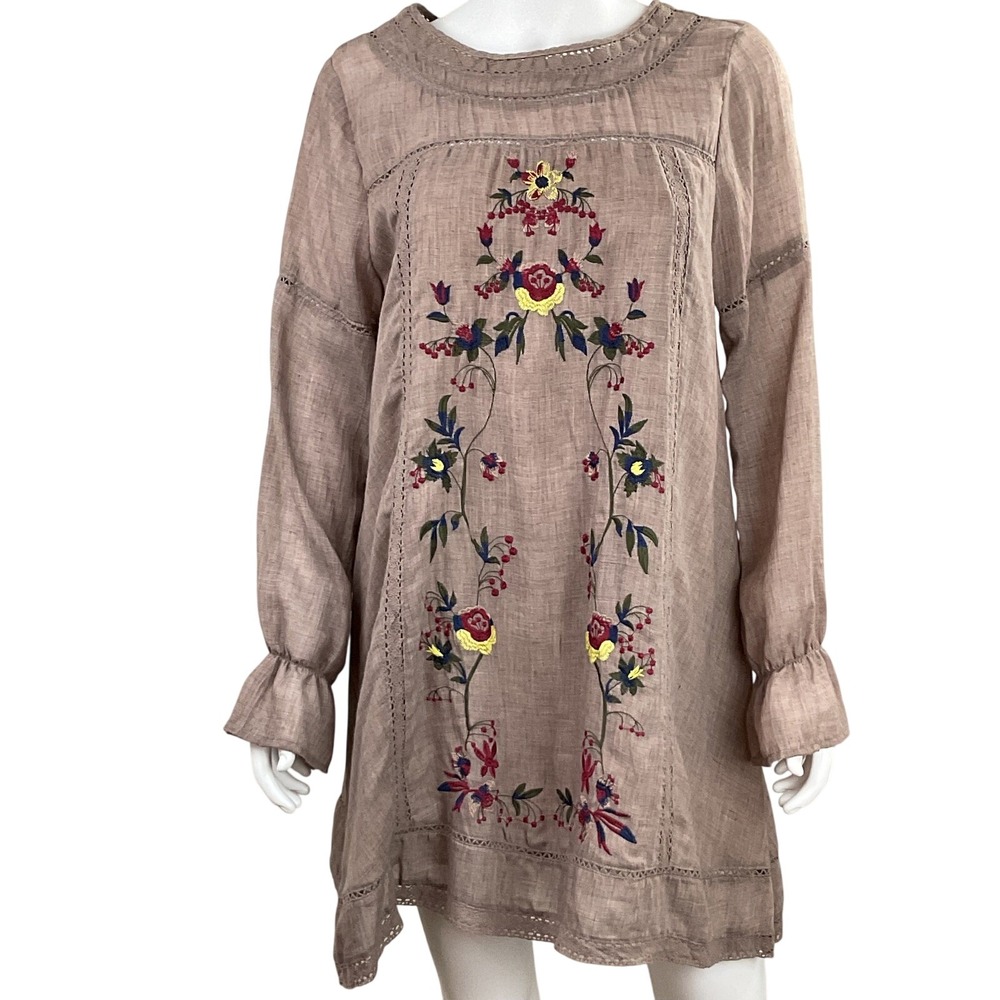 Umgee USA Embroidered‎ Floral Long Sleeve Tunic Dress Tan Size M